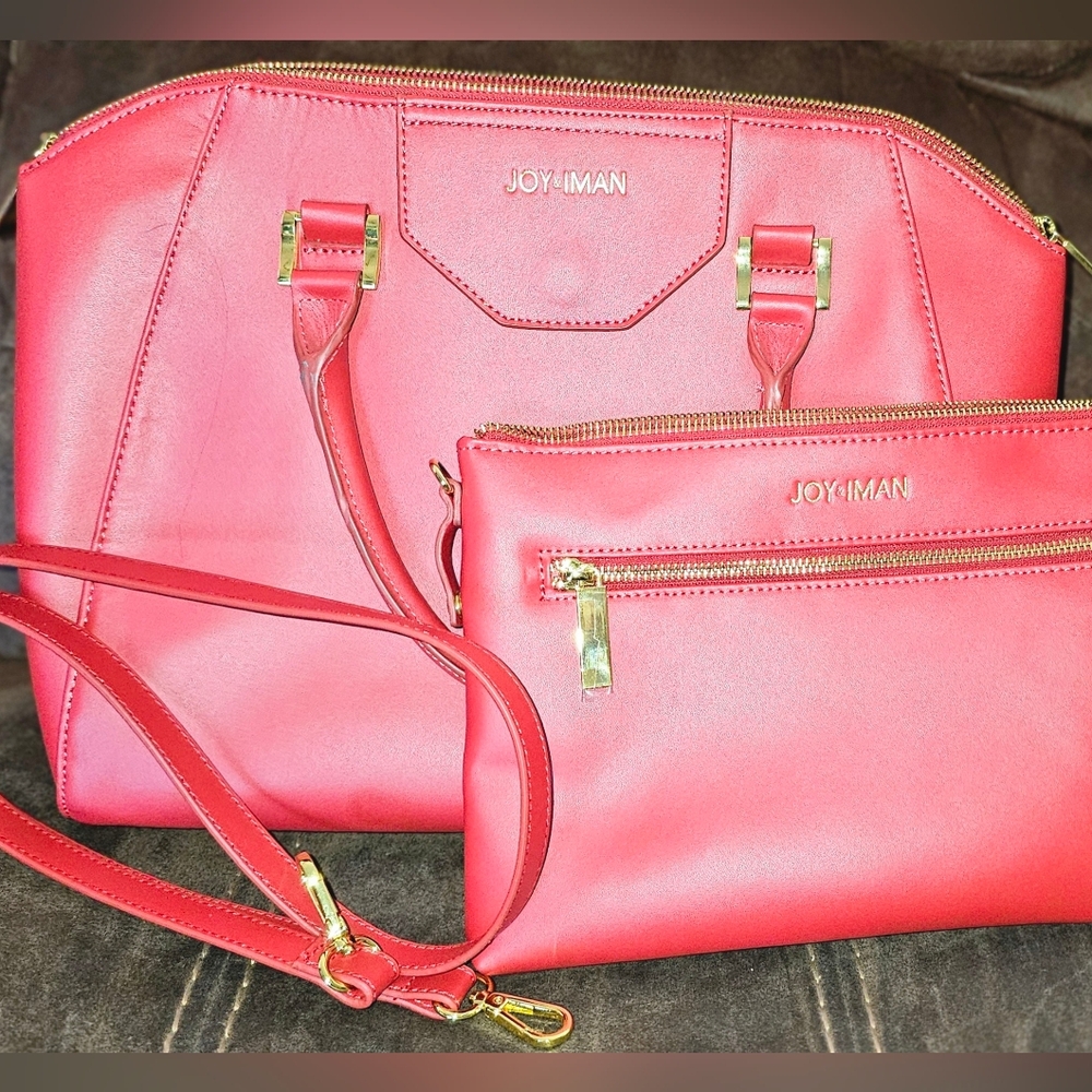 JOY & IMAN set red leather satchel and crossbody bag. 